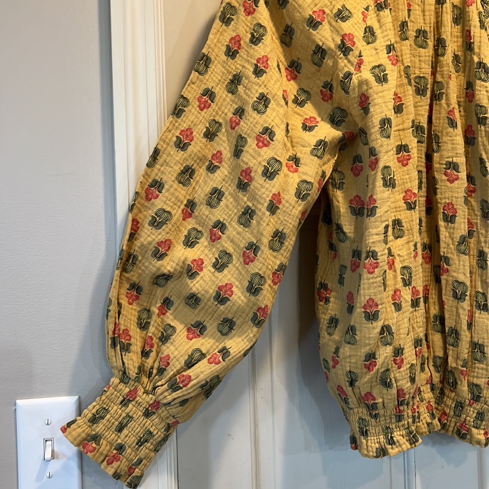 Anthropologie Porridge gold floral cotton peasant blouse with tie detail - Picture 5 of 11